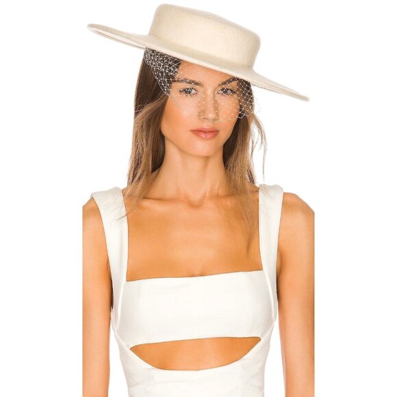 Monrowe Boater Hat With Veil Hat in Cream Small/Medium Womens Bridal